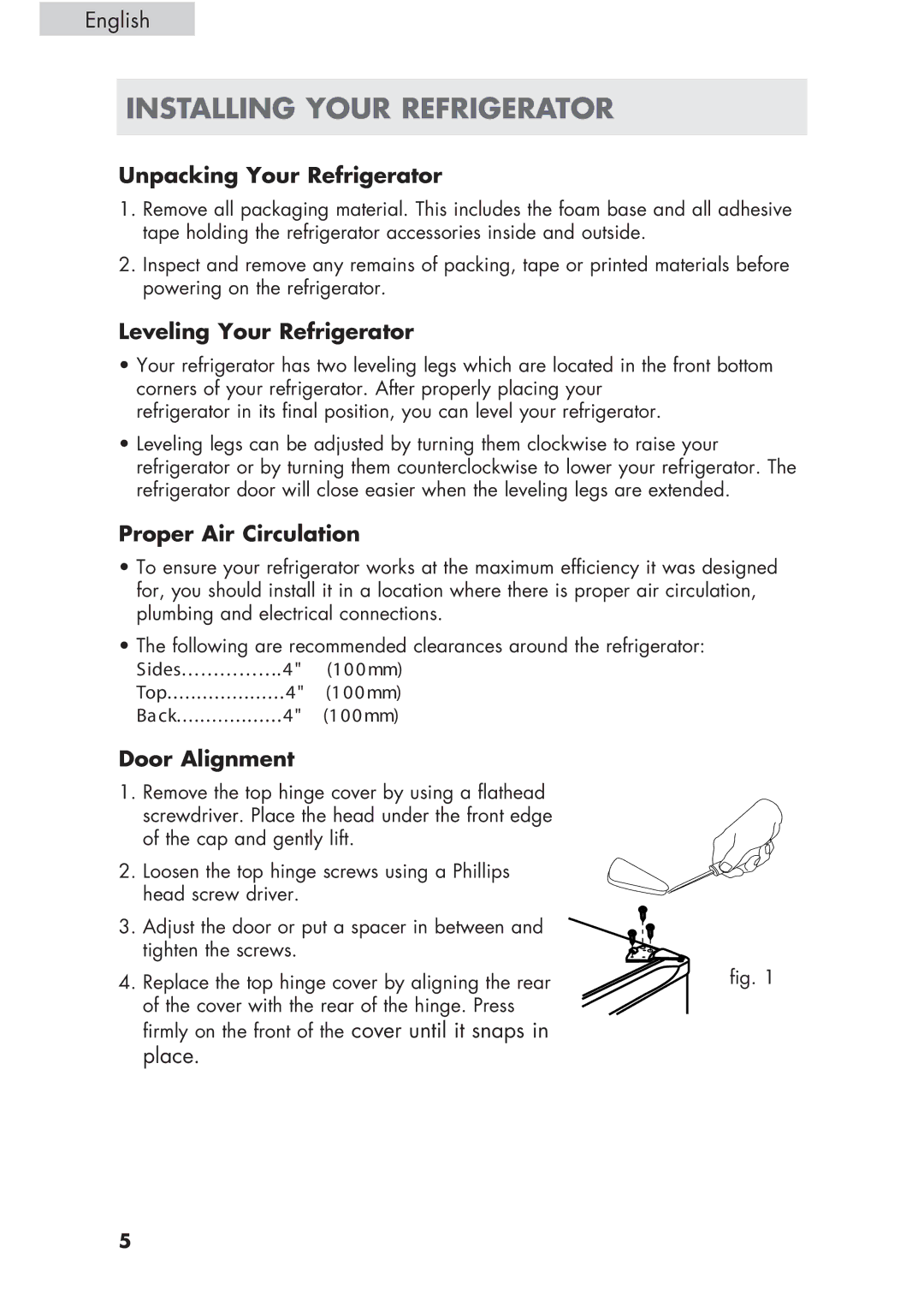 Haier HCR17W Installing Your Refrigerator, Unpacking Your Refrigerator, Leveling Your Refrigerator, Proper Air Circulation 