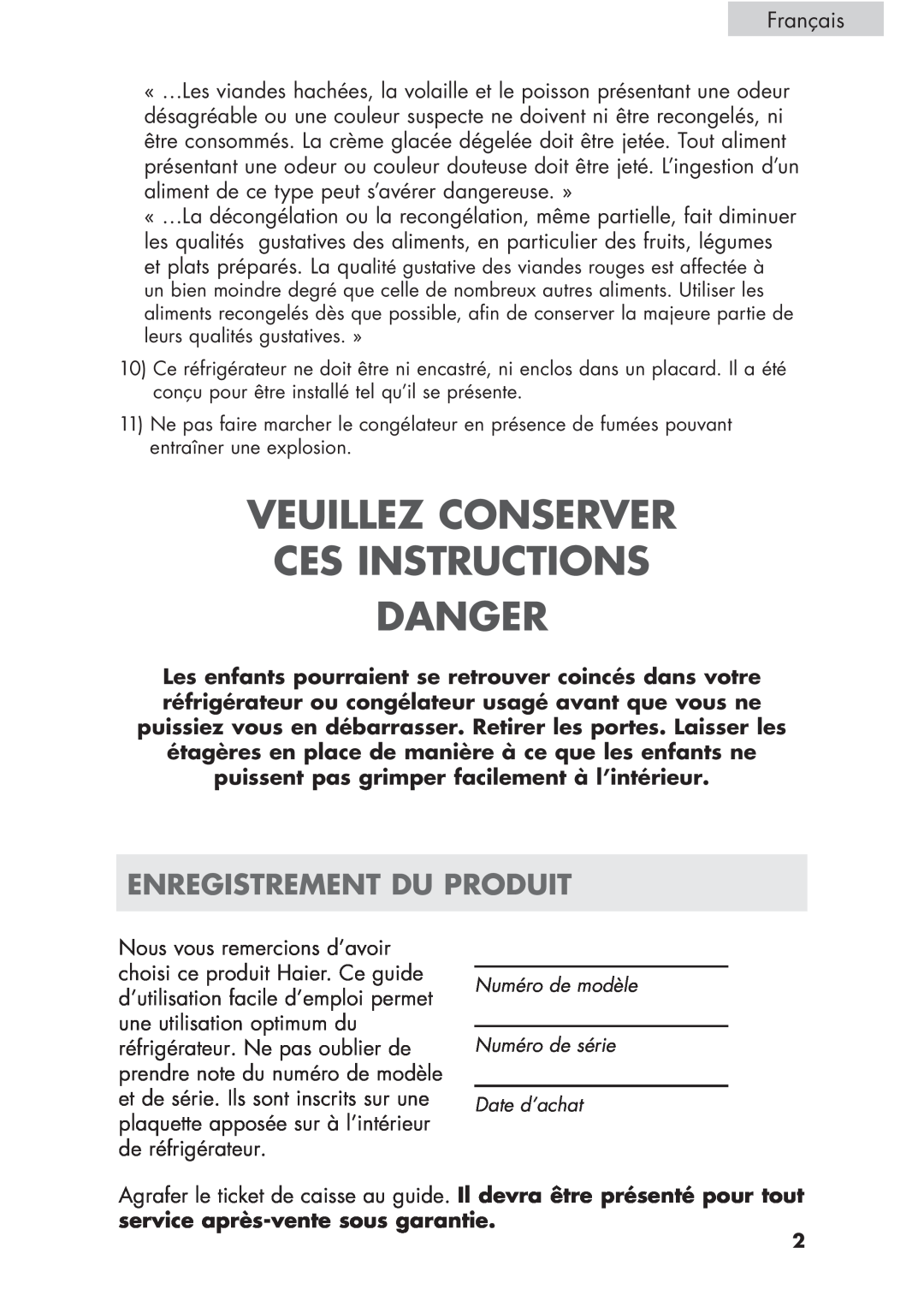 Haier HCR17W, H CR1 7, ECR1 7 user manual Veuillez Conserver Ces Instructions Danger, Enregistrement Du Produit 