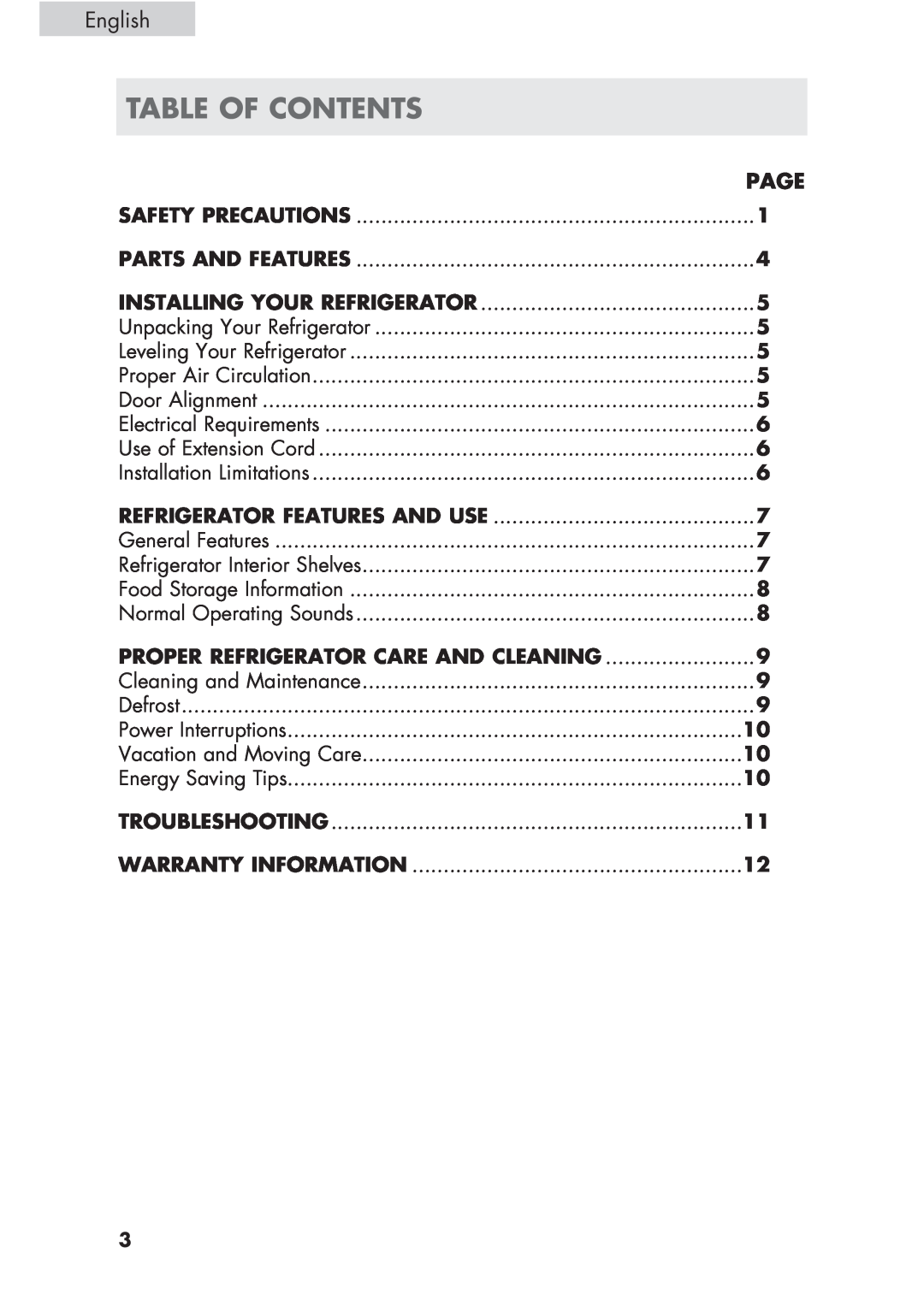Haier H CR1 7, HCR17W, ECR1 7 user manual Table Of Contents, English, Page 