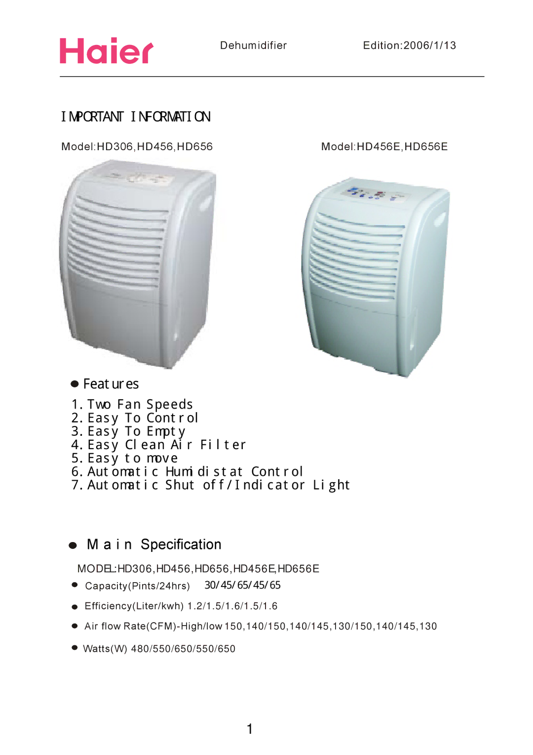 Haier HD656E, HD656, HD456E, HD306 service manual Important Information 