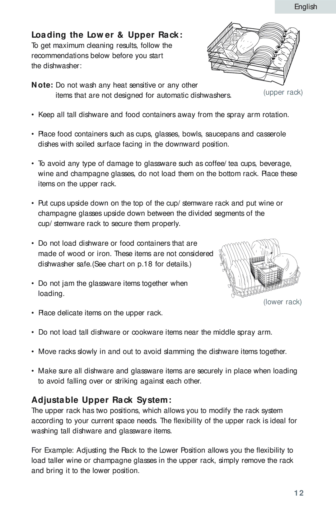 Haier HDB18EB user manual Loading the Lower & Upper Rack, Adjustable Upper Rack System 