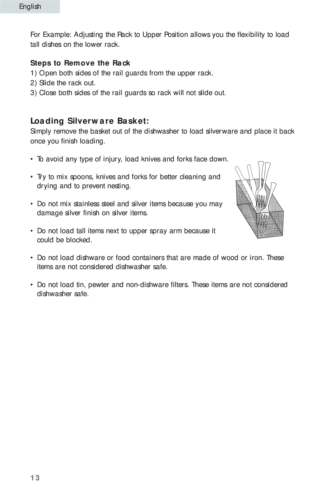 Haier HDB18EB user manual Loading Silverware Basket, Steps to Remove the Rack 