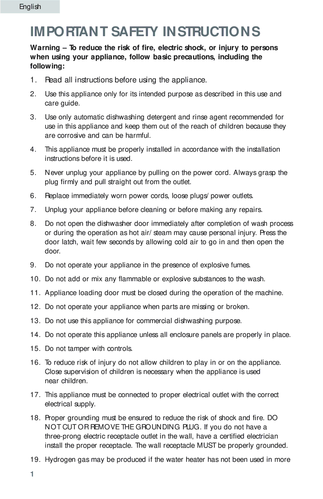 Haier HDB18EB user manual Important Safety Instructions 