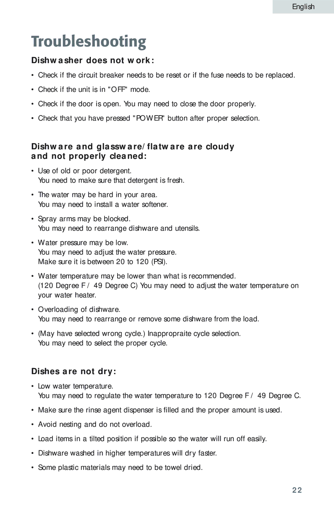 Haier HDB18EB user manual Troubleshooting, Dishwasher does not work, Dishes are not dry 