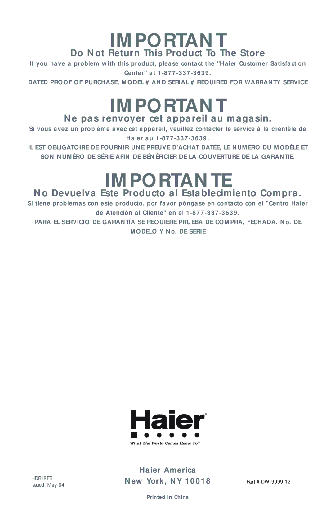 Haier HDB18EB user manual Importante 