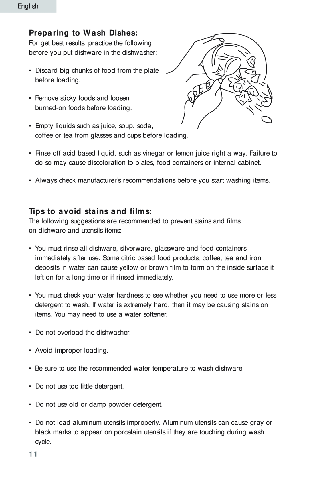 Haier HDB18EB user manual Preparing to Wash Dishes, Tips to avoid stains and films 
