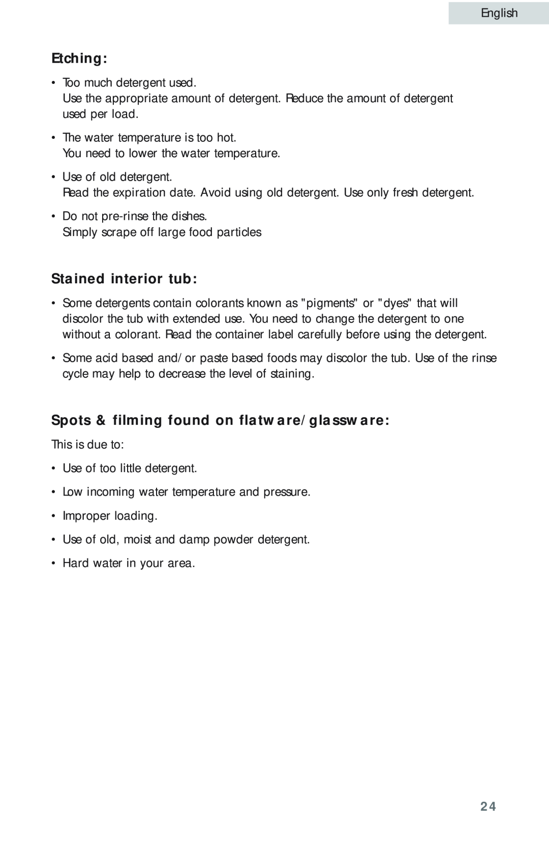 Haier HDB18EB user manual Etching, Stained interior tub, Spots & filming found on flatware/glassware 