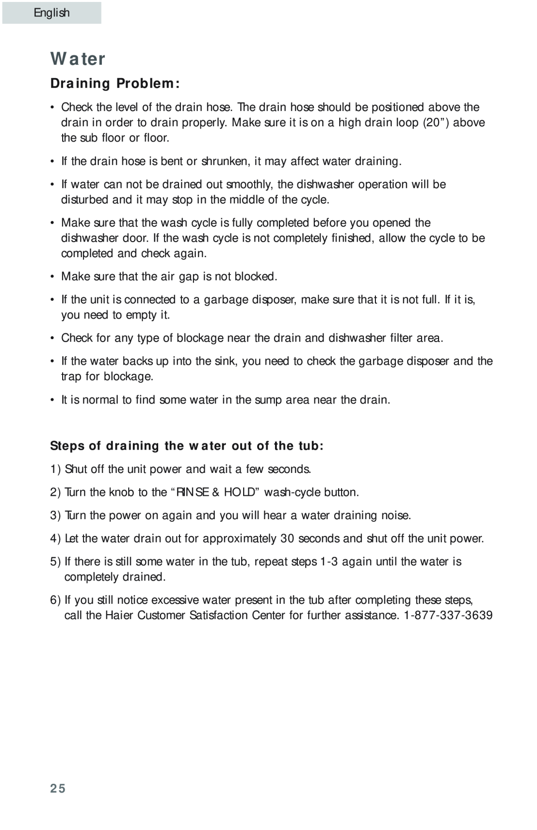 Haier HDB18EB user manual Water, Draining Problem, Steps of draining the water out of the tub 