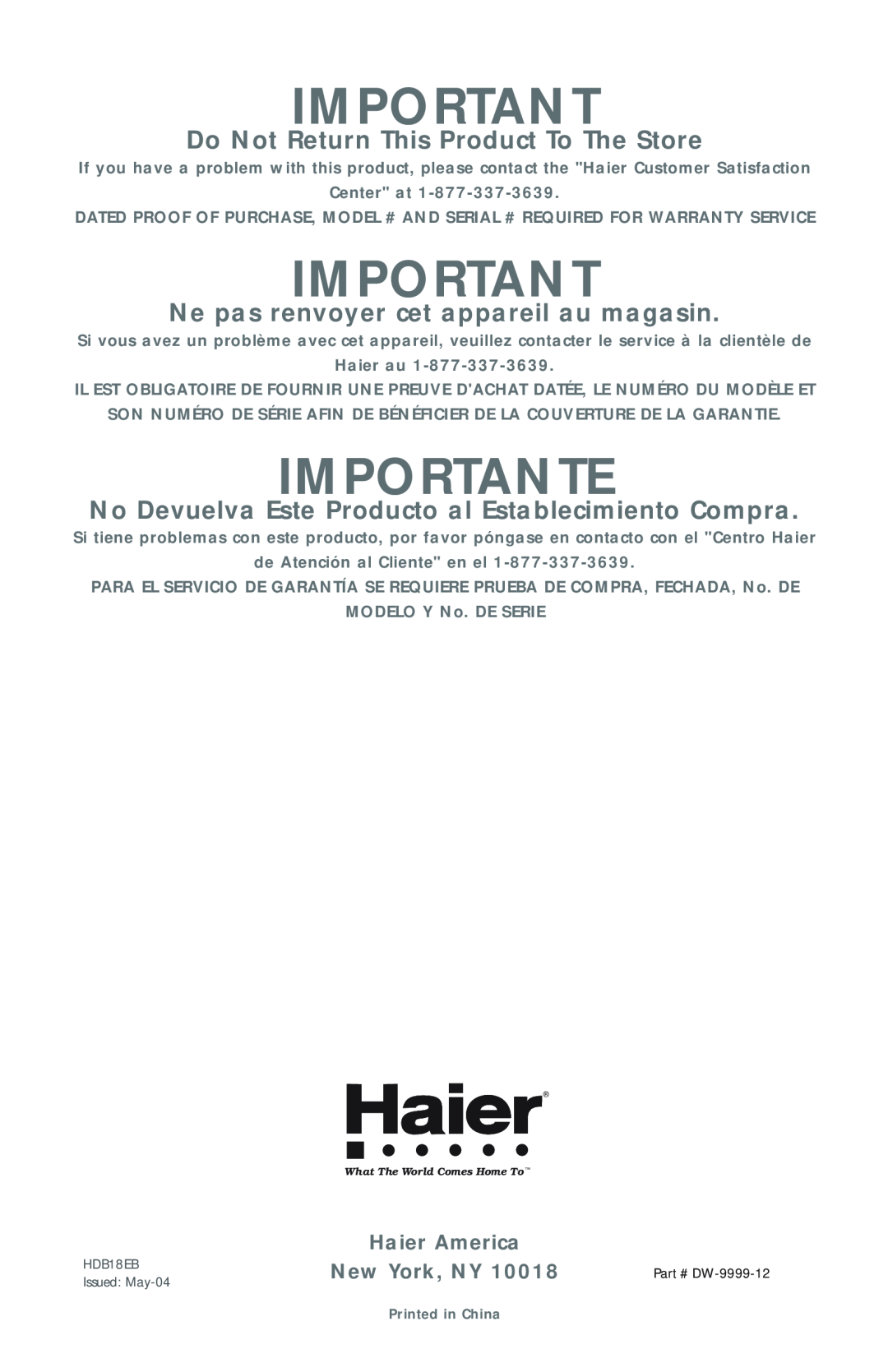 Haier HDB18EB Importante, Do Not Return This Product To The Store, Ne pas renvoyer cet appareil au magasin, Haier America 