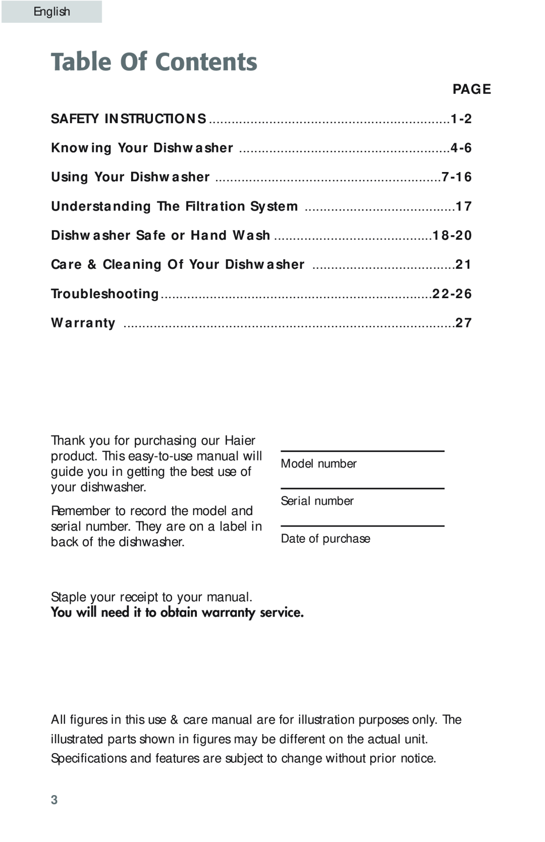 Haier HDB18EB user manual Page, 7-16, 18-20, 22-26, Table Of Contents 