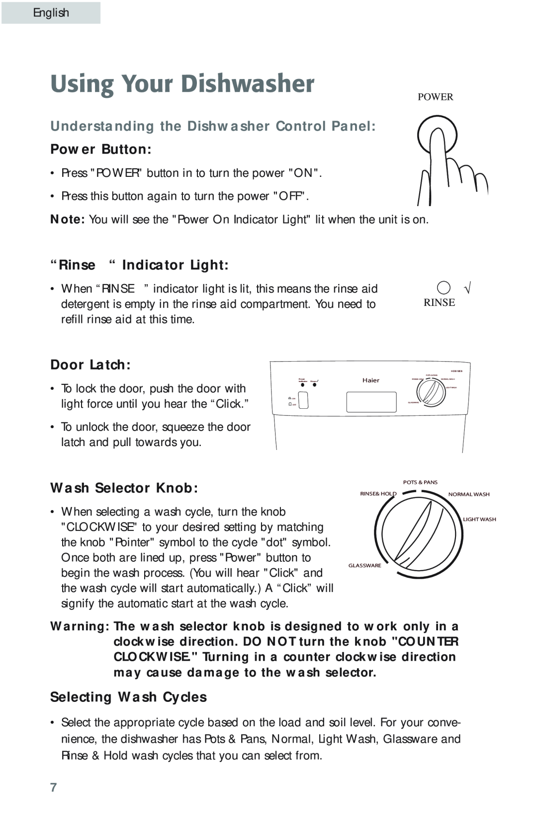 Haier HDB18EB Using Your Dishwasher, Understanding the Dishwasher Control Panel, Power Button, “Rinse “ Indicator Light 