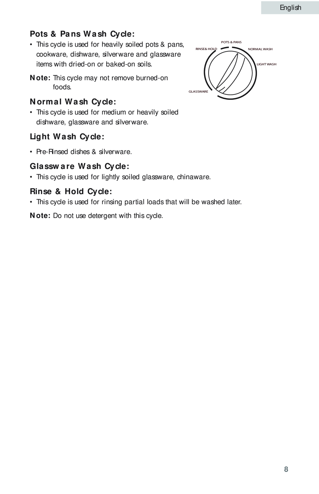Haier HDB18EB Pots & Pans Wash Cycle, Normal Wash Cycle, Light Wash Cycle, Glassware Wash Cycle, Rinse & Hold Cycle 