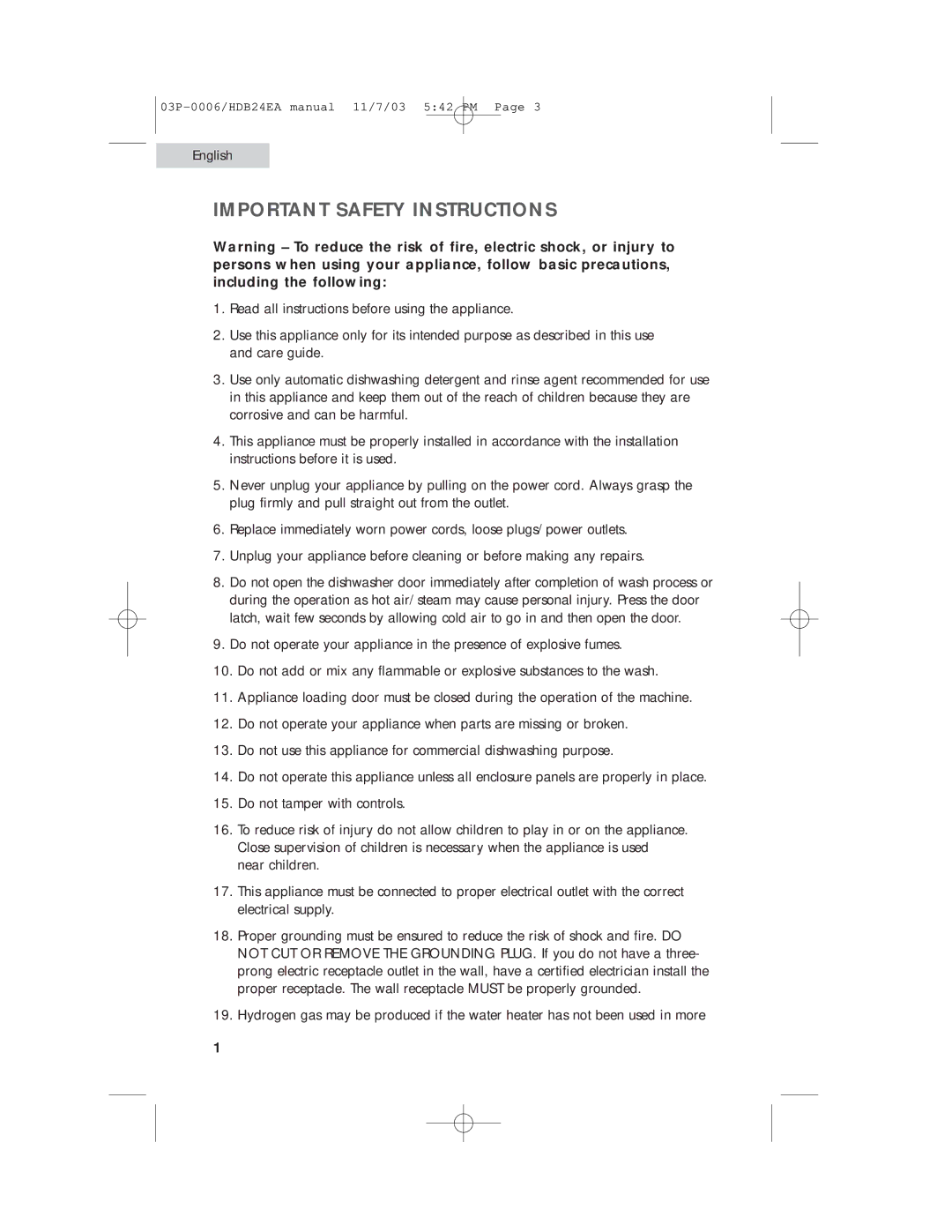 Haier HDB24EA manual Important Safety Instructions 