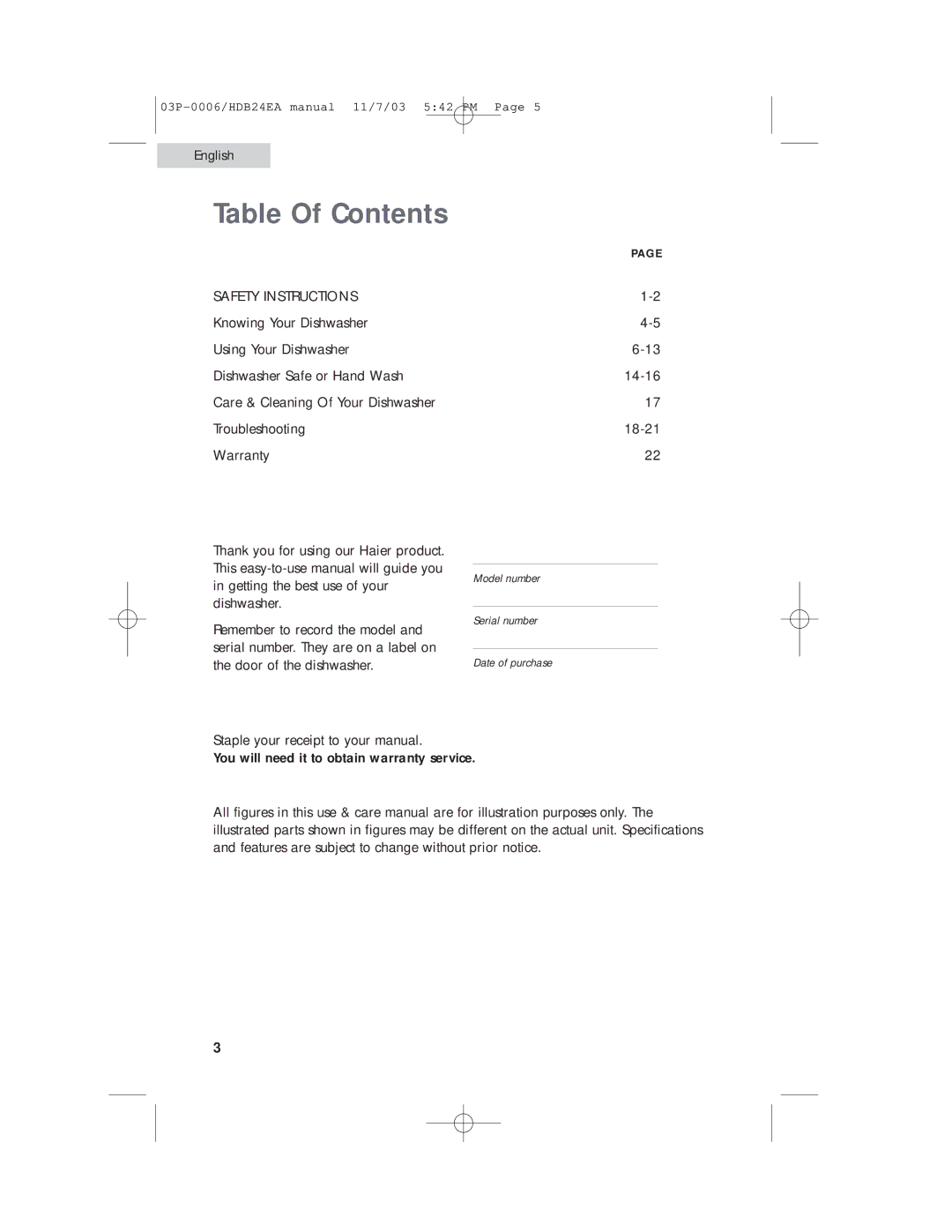 Haier HDB24EA manual Table Of Contents 