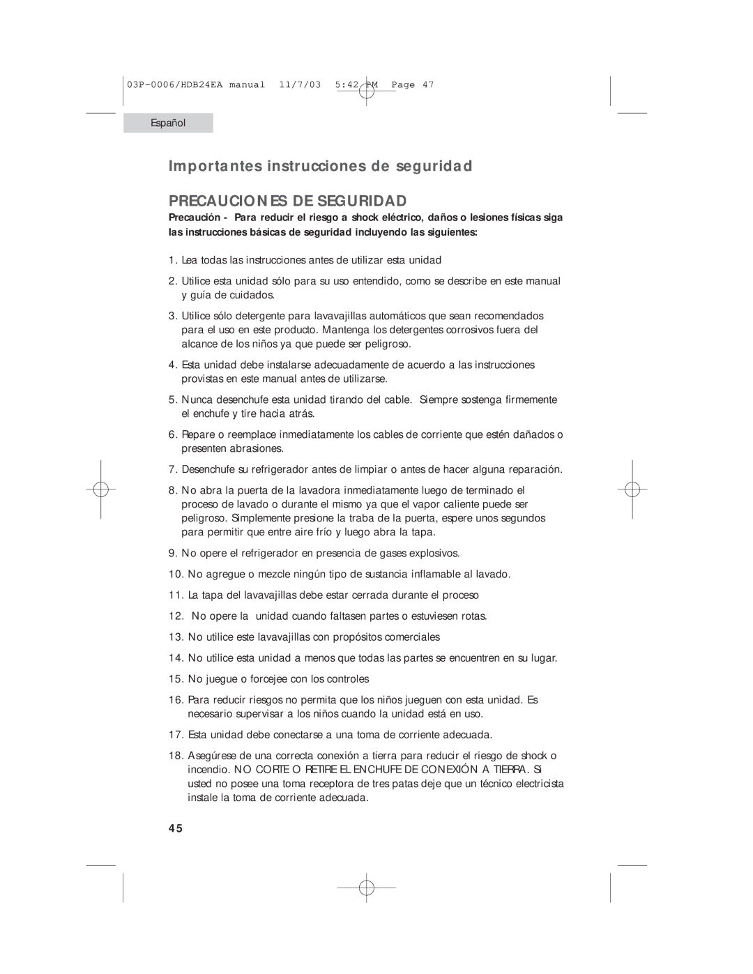 Haier HDB24EA manual Importantes instrucciones de seguridad, Precauciones DE Seguridad 