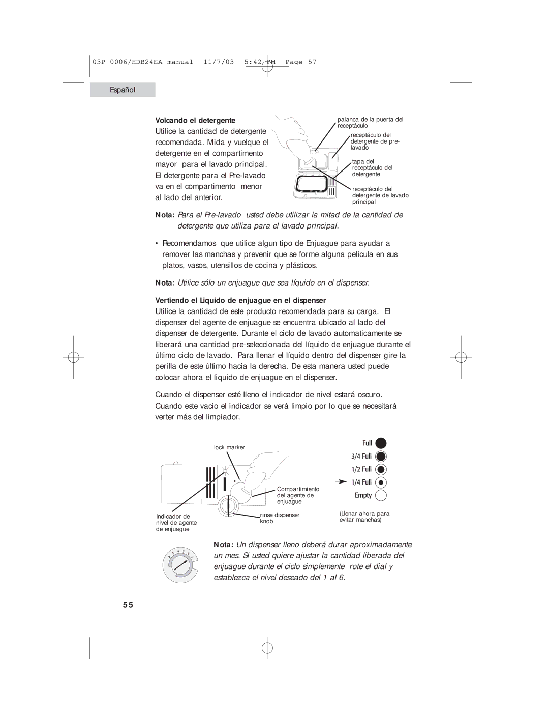 Haier HDB24EA manual Volcando el detergente, Vertiendo el Liquido de enjuague en el dispenser 