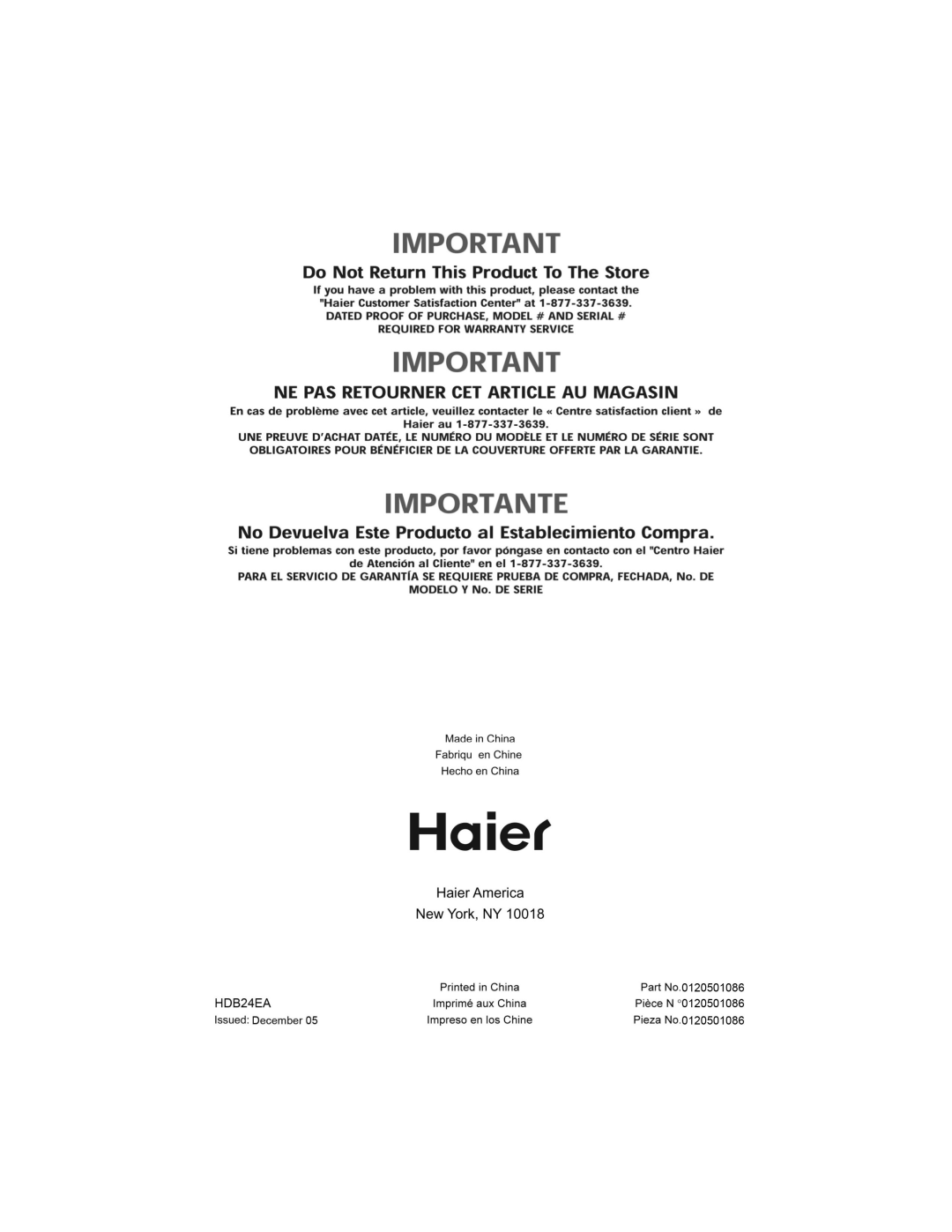 Haier HDB24EA manual 