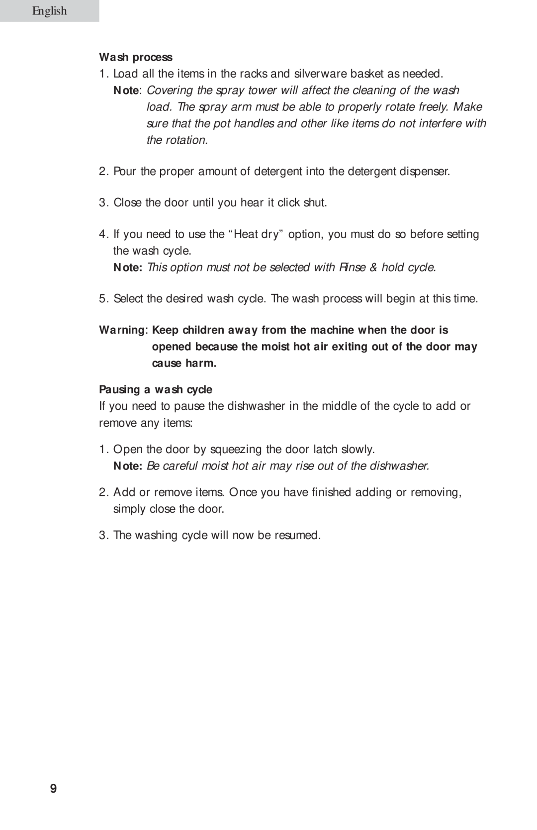 Haier HDB24VA user manual Note This option must not be selected with Rinse & hold cycle, English, Wash process 