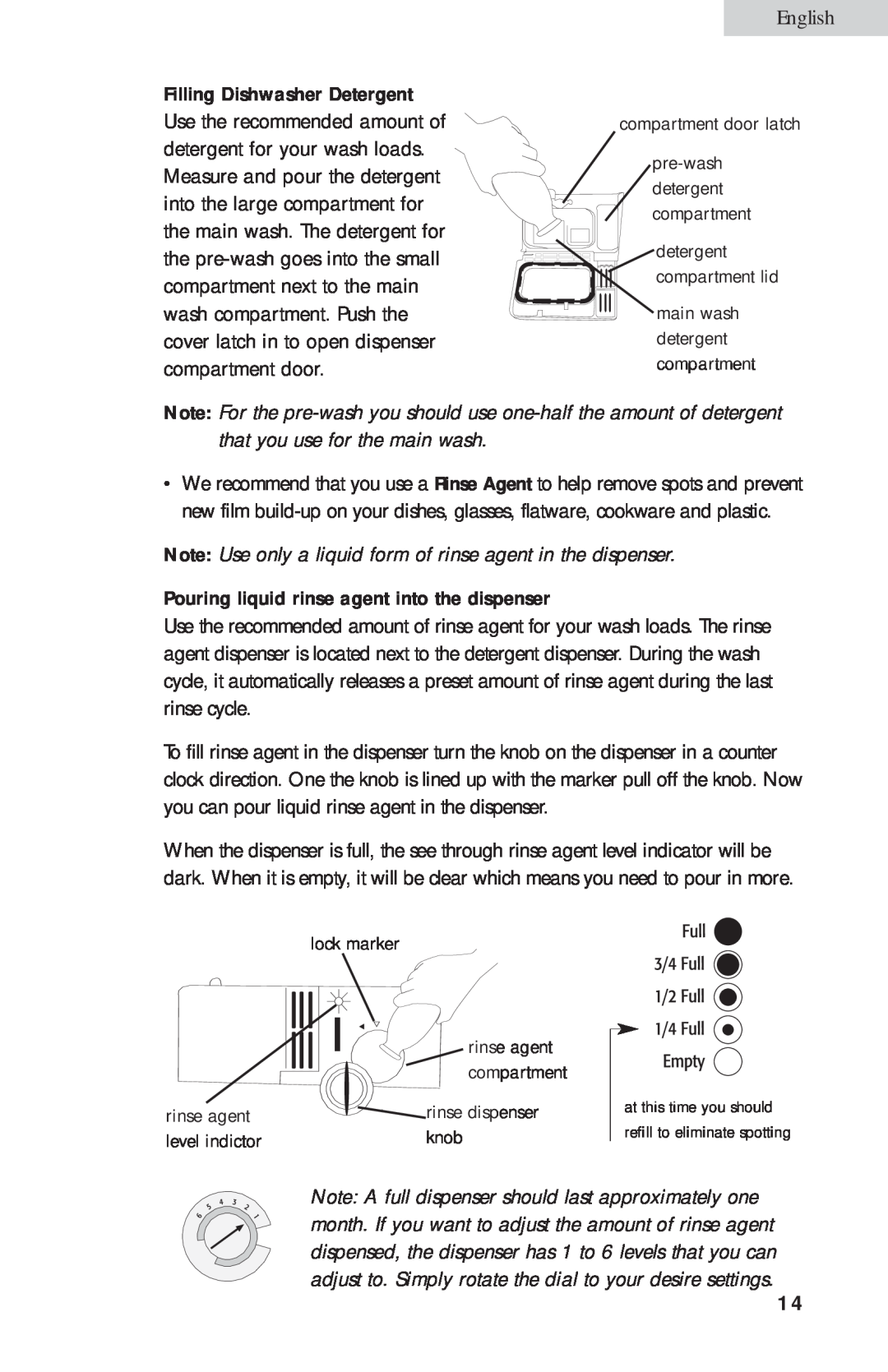Haier HDB24VA user manual Note Use only a liquid form of rinse agent in the dispenser, English 