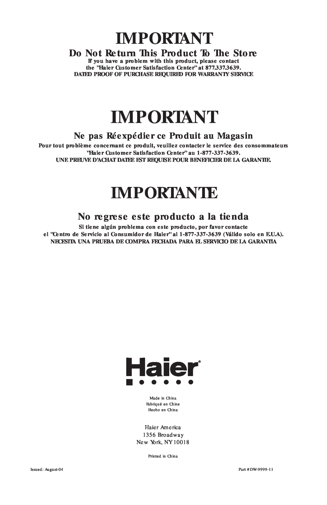 Haier HDB24VA user manual Importante, Do Not Return This Product To The Store, No regrese este producto a la tienda 