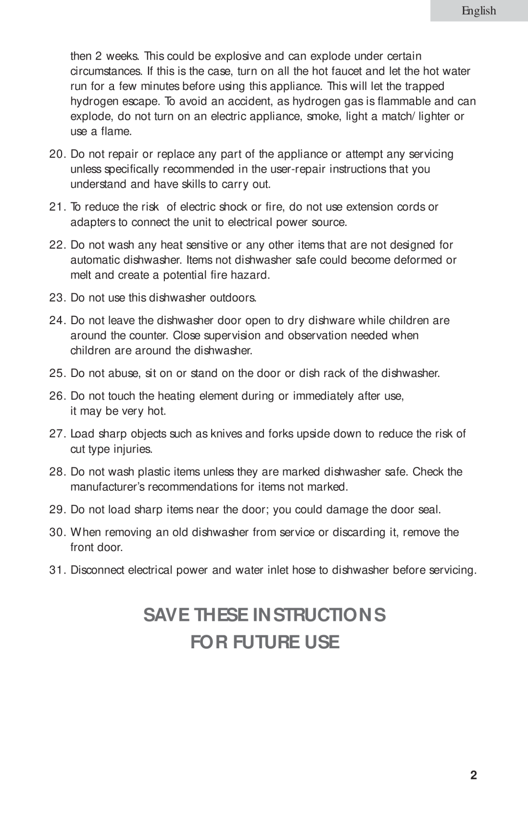 Haier HDB24VA user manual Save These Instructions For Future Use, English 