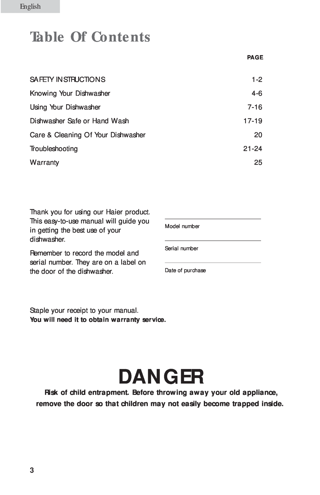 Haier HDB24VA user manual Table Of Contents, Danger, English 