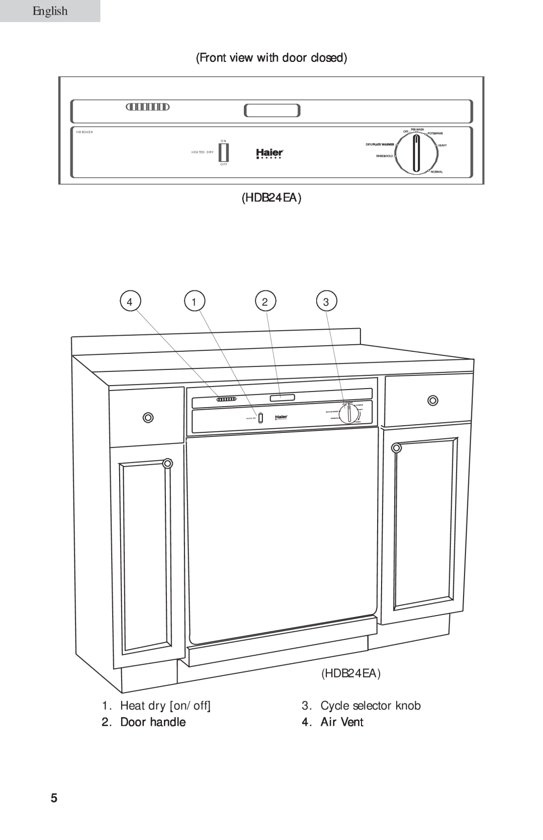 Haier HDB24VA user manual English, Cycle selector knob, H D B 2 4 E A O N H E A T E D D R Y O F F 