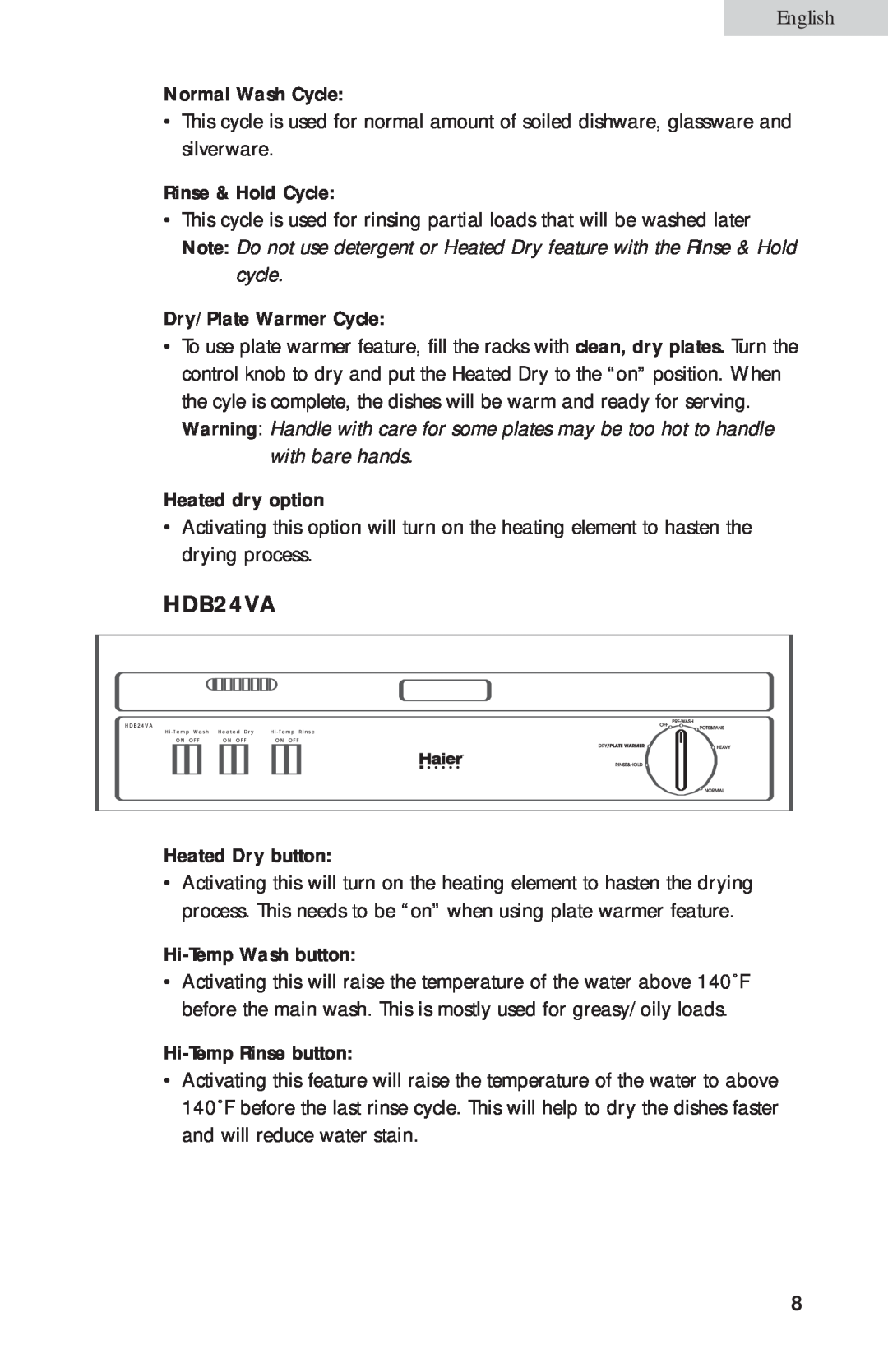 Haier HDB24VA user manual cycle, with bare hands, English 