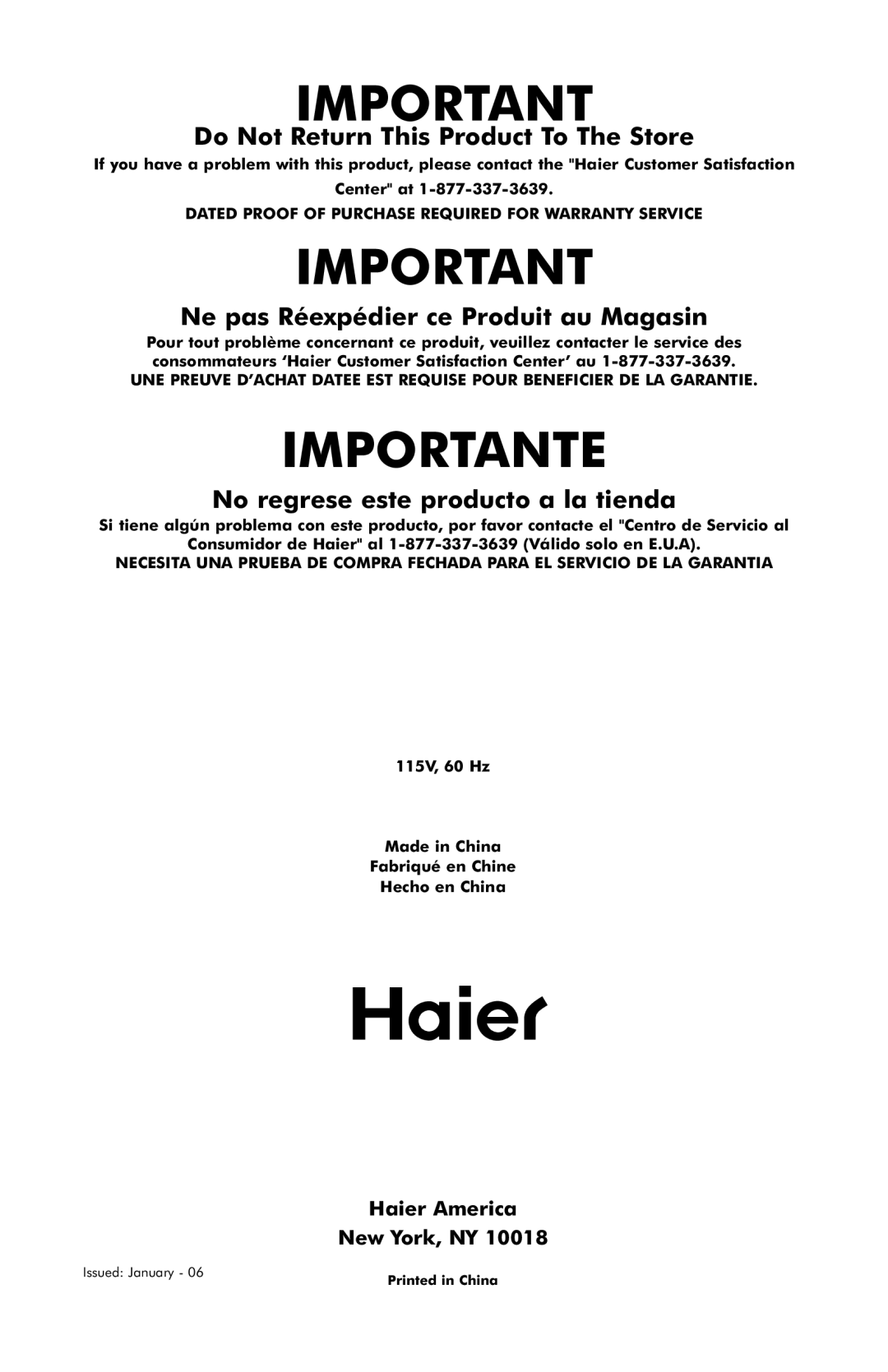 Haier HDC10SS user manual Importante, Do Not Return This Product To The Store 