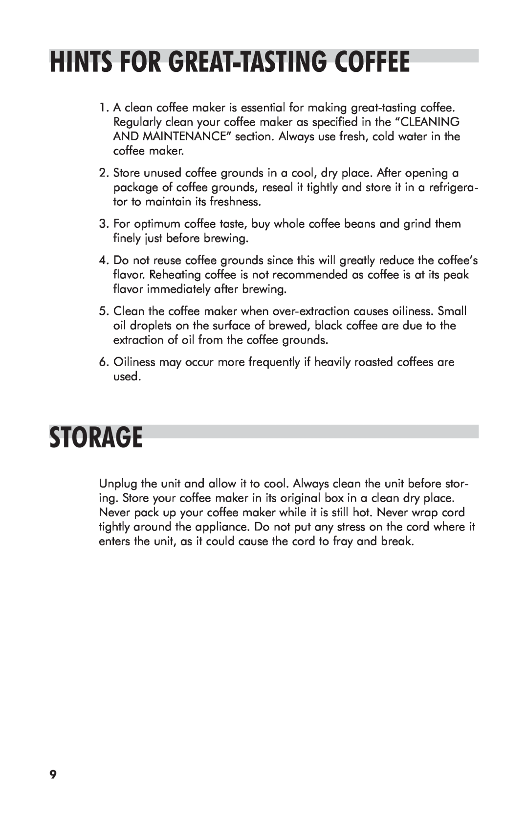Haier HDC10SS user manual Storage, Hints For Great-Tastingcoffee 