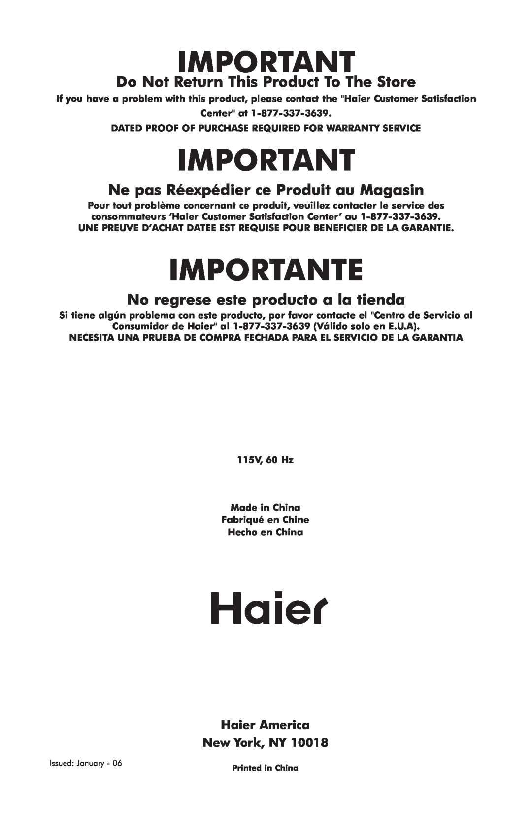 Haier HDC10SS user manual Importante, Do Not Return This Product To The Store, Ne pas Réexpédier ce Produit au Magasin 