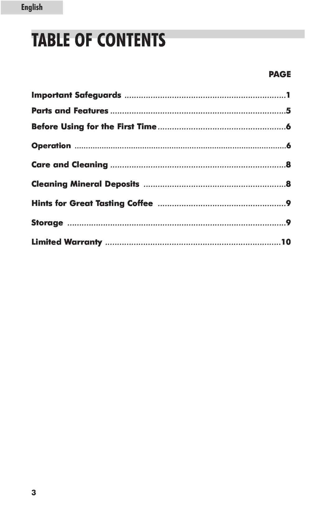 Haier HDC10SS user manual Table Of Contents, English 