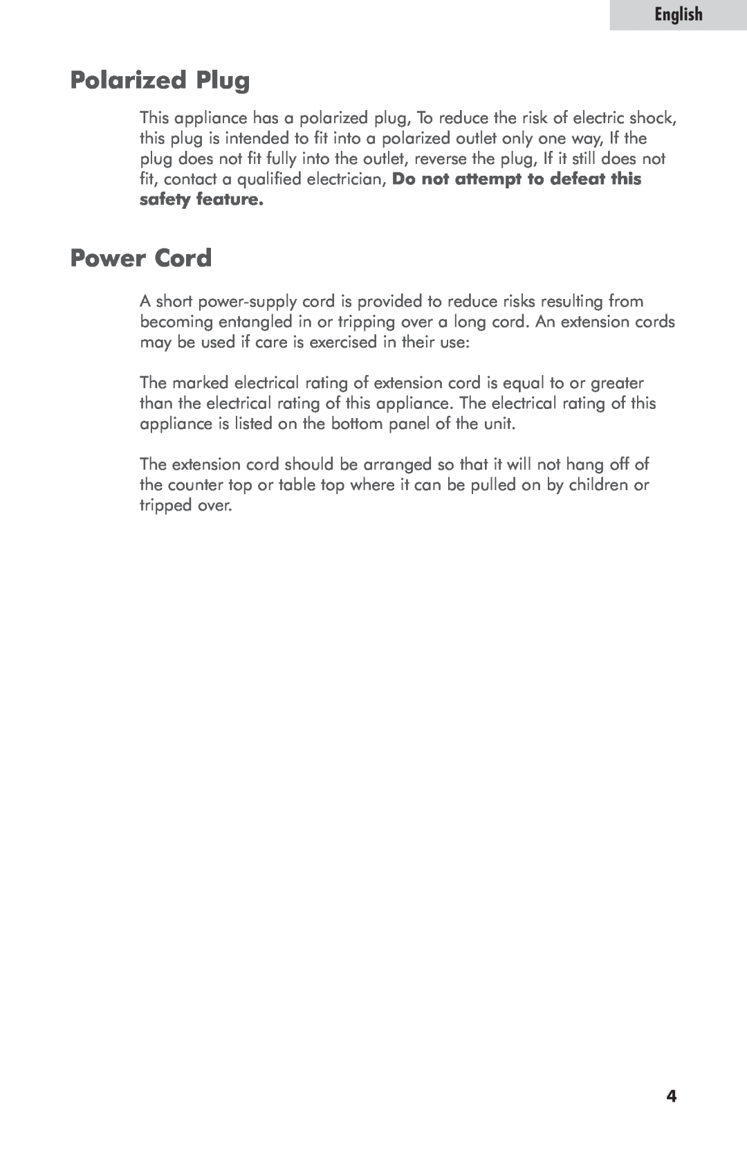 Haier HDC10SS user manual Polarized Plug, Power Cord, English 