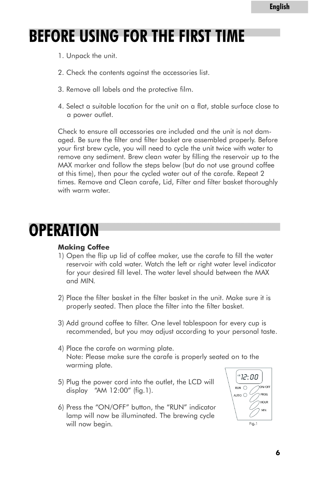 Haier HDC10SS user manual Operation, Before Using For The First Time, English, Making Coffee 