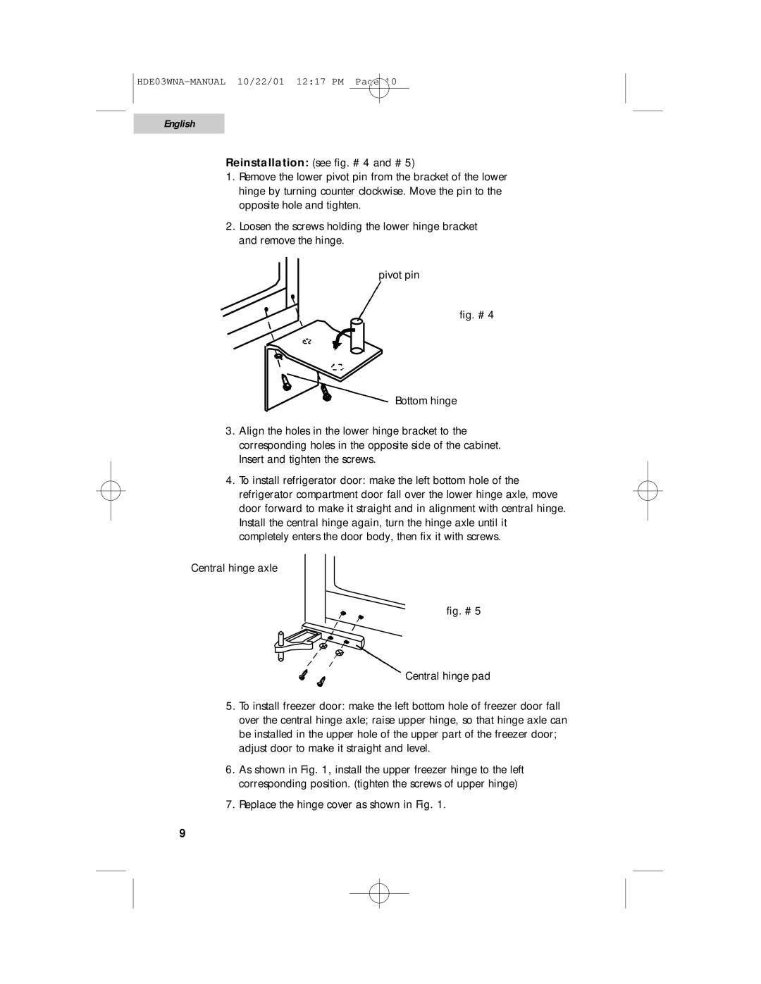 Haier HDE03WNA user manual Replace the hinge cover as shown in Fig 