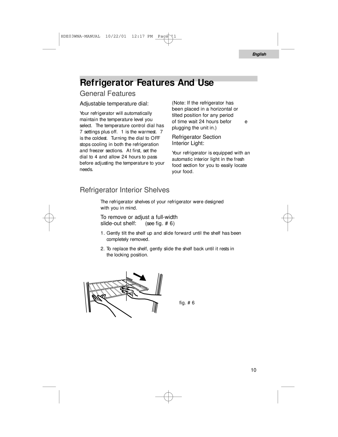 Haier HDE03WNA user manual Refrigerator Features And Use, General Features, Refrigerator Interior Shelves 