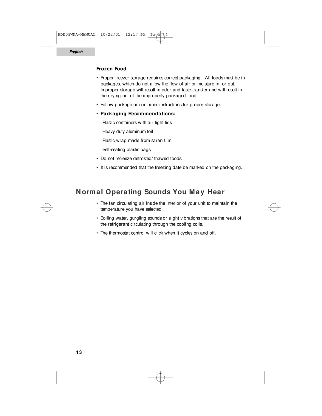 Haier HDE03WNA user manual Normal Operating Sounds You May Hear, Frozen Food 