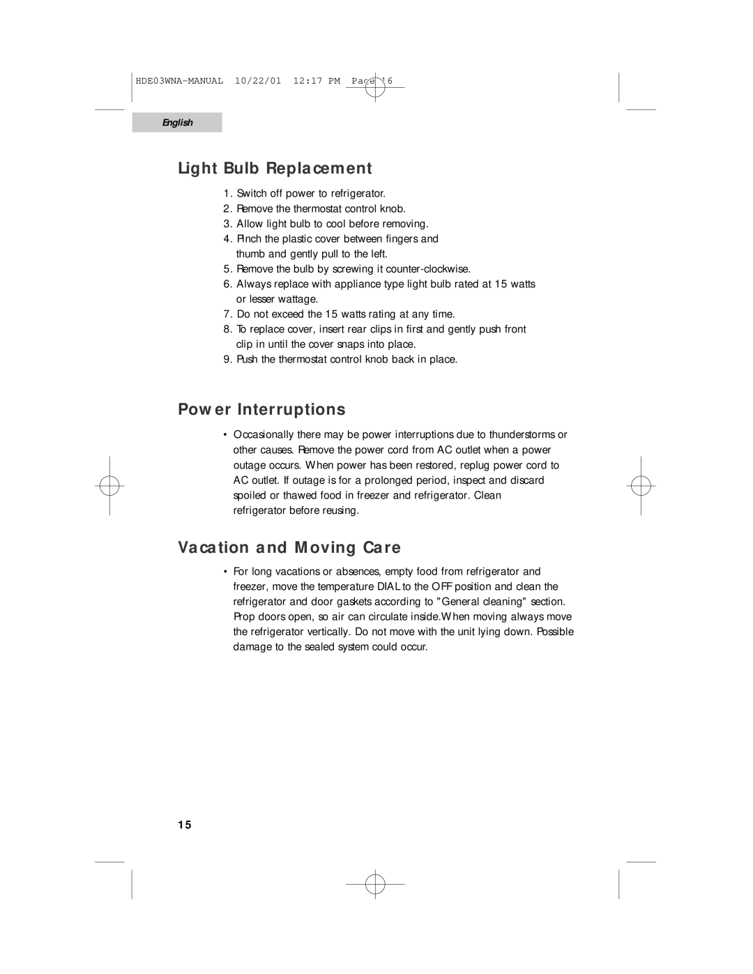 Haier HDE03WNA user manual Light Bulb Replacement, Power Interruptions, Vacation and Moving Care 