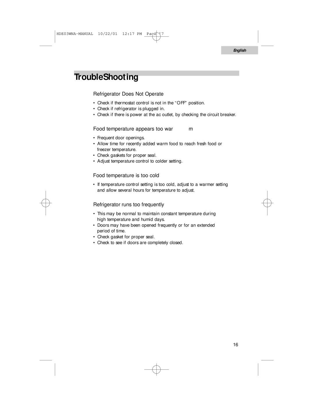 Haier HDE03WNA user manual TroubleShooting, Refrigerator Does Not Operate, Food temperature appears too warm 