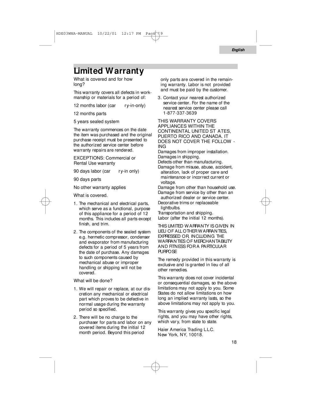 Haier HDE03WNA user manual Limited Warranty 