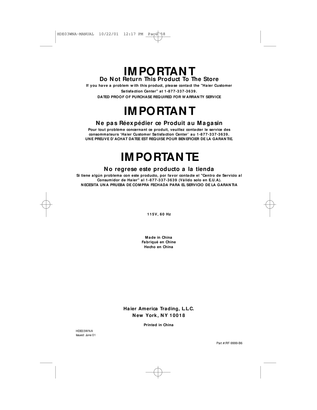 Haier HDE03WNA user manual Importante 