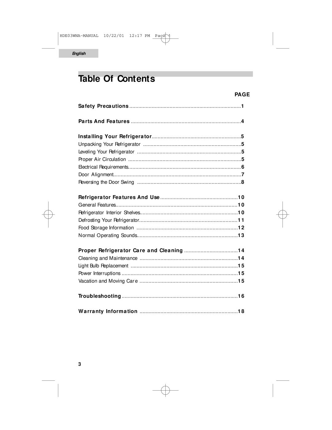 Haier HDE03WNA user manual Table Of Contents 