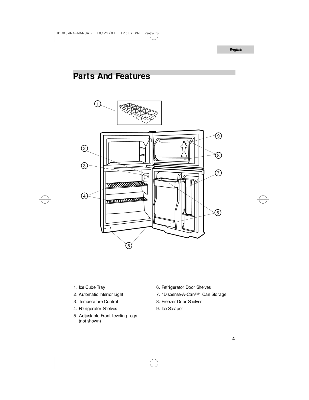 Haier HDE03WNA user manual Parts And Features 