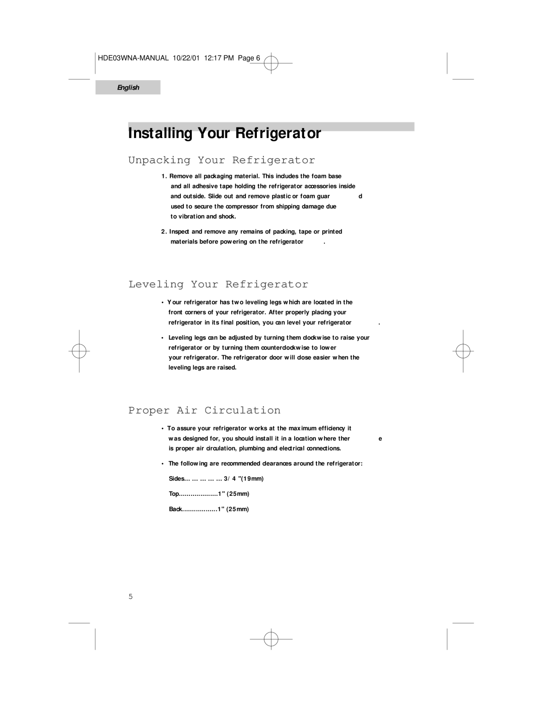 Haier HDE03WNA user manual Installing Your Refrigerator, Unpacking Your Refrigerator, Leveling Your Refrigerator 