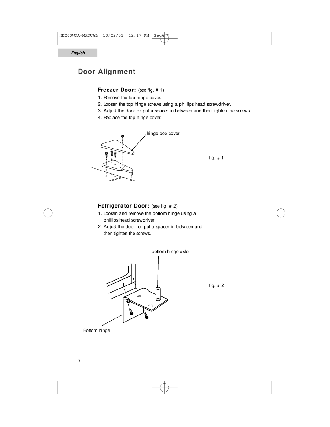 Haier HDE03WNA user manual Door Alignment, Freezer Door see fig. #, Refrigerator Door see fig. # 