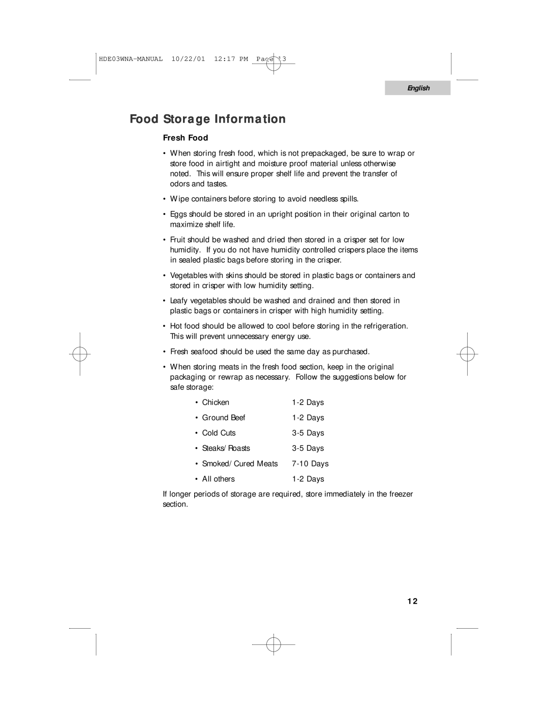 Haier HDE03WNA user manual Food Storage Information, English, Fresh Food 