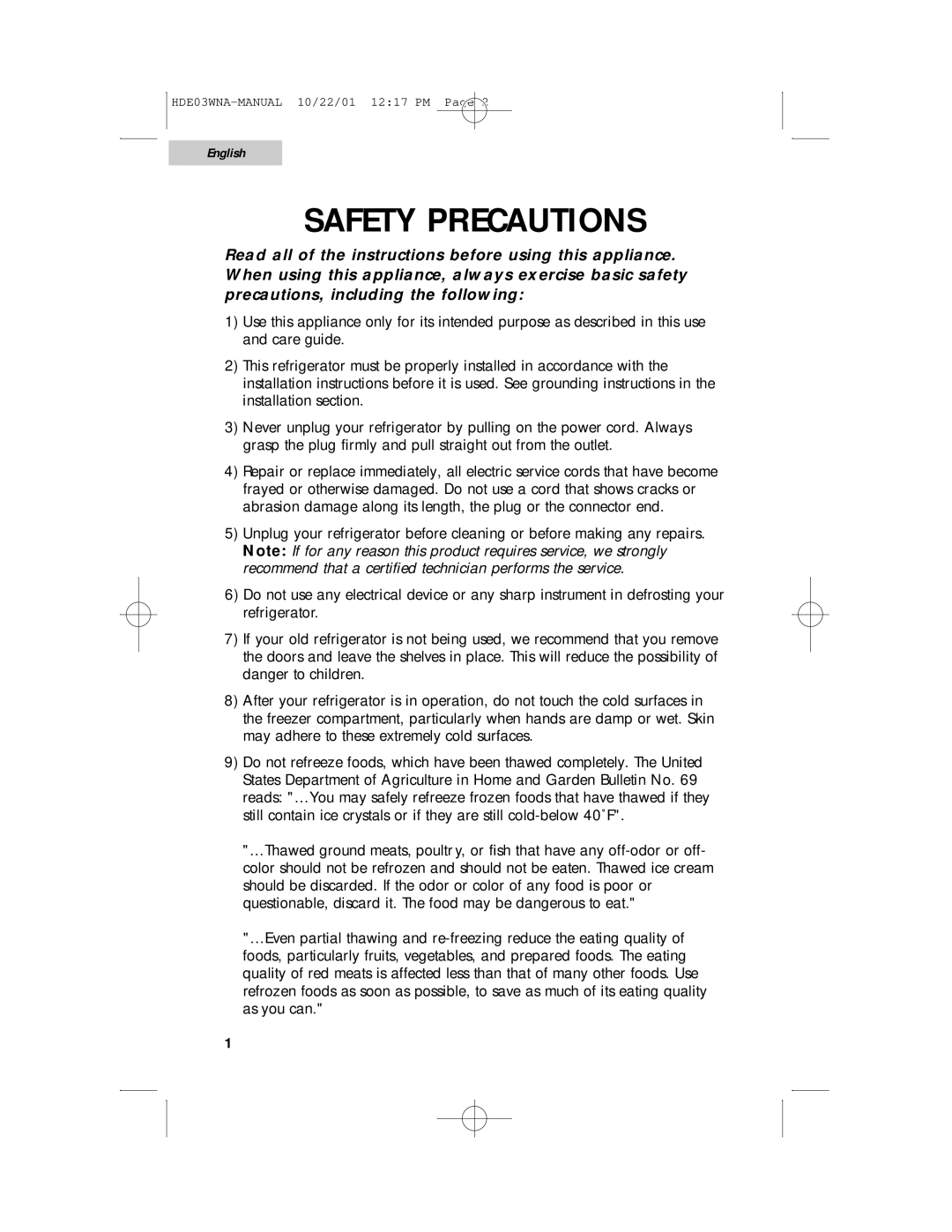 Haier HDE03WNA user manual Safety Precautions, English 