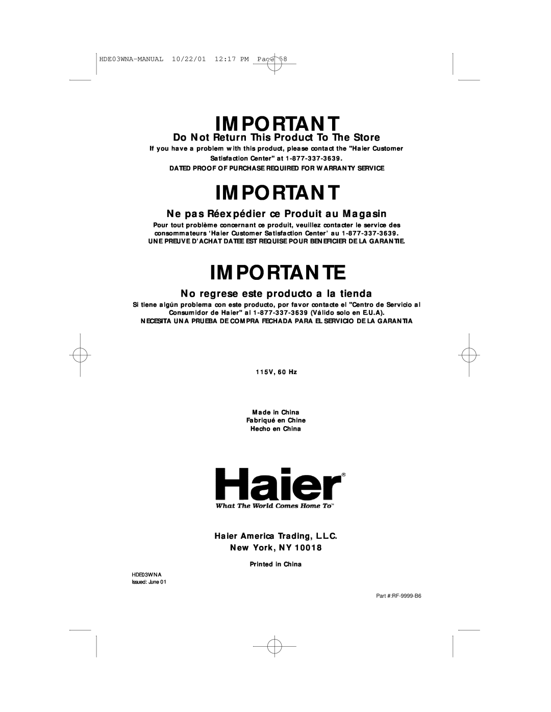 Haier HDE03WNA user manual Importante, Do Not Return This Product To The Store, Ne pas Réexpédier ce Produit au Magasin 