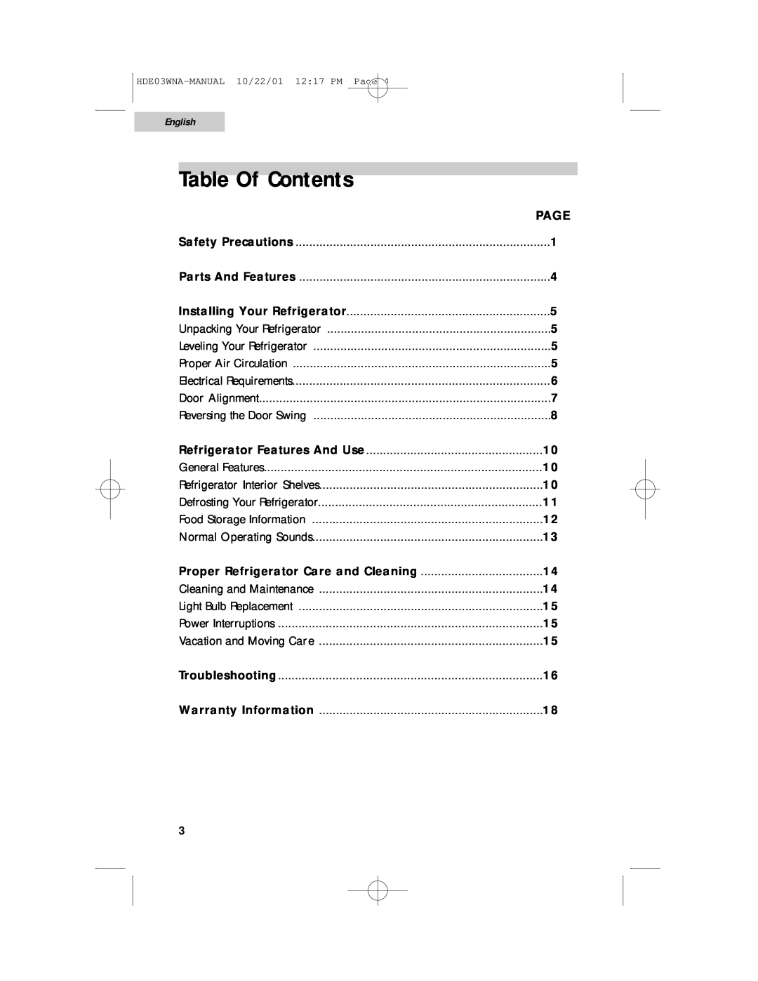Haier HDE03WNA user manual Page, Table Of Contents, English 