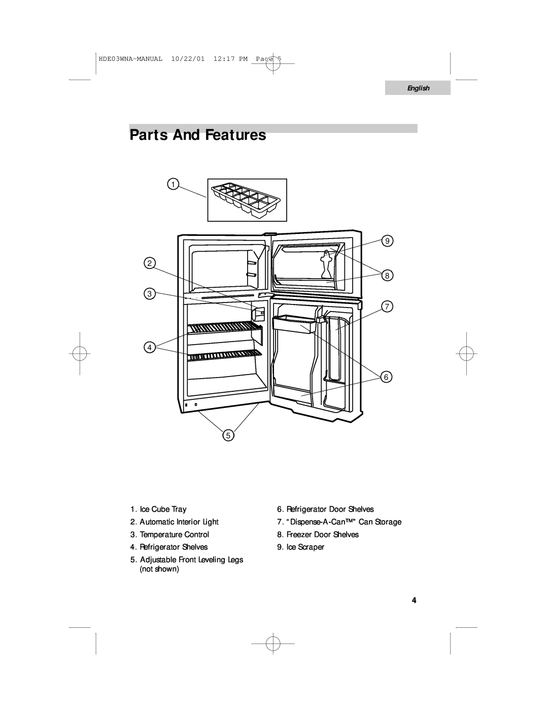 Haier HDE03WNA user manual Parts And Features, English 